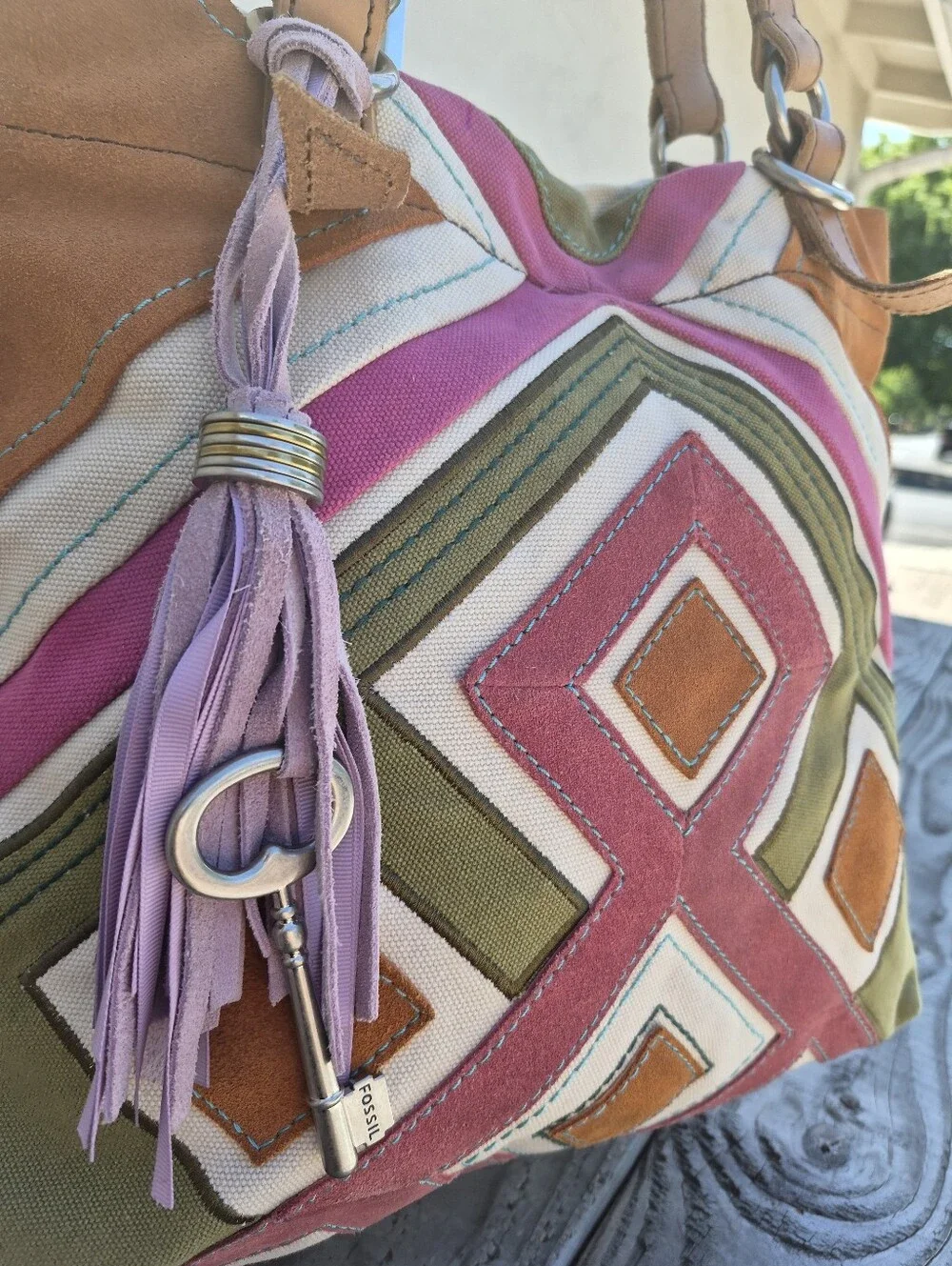 Fossil Vintage Jesse Suede & Canvas Embellished Patchwork Tote - Picture 3 of 10